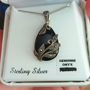 Sterling Silver, 11 ct. Onyx & Marcasite Leaf Teardrop Pendant necklace